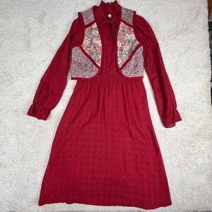 Vintage 70s Prairie Dress Burgundy Red Floral Vest Smocked Waist Cottagecore 7